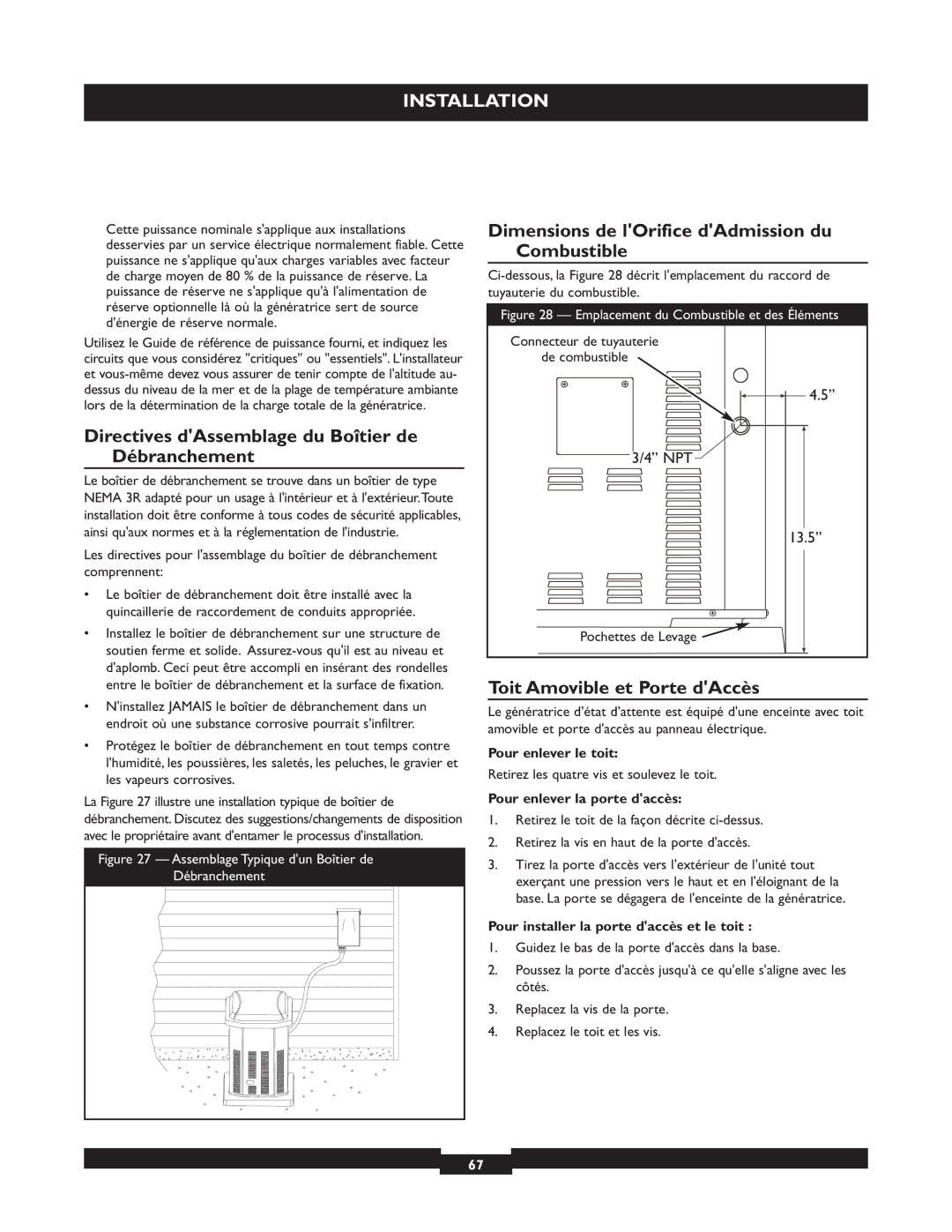 Briggs & Stratton 40221 manual Directives dAssemblage du Boîtier de Débranchement, Toit Amovible et Porte dAccès 