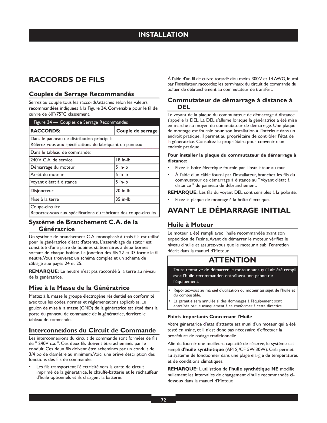 Briggs & Stratton 40221 manual Raccords DE Fils, Avant LE Démarrage Initial 