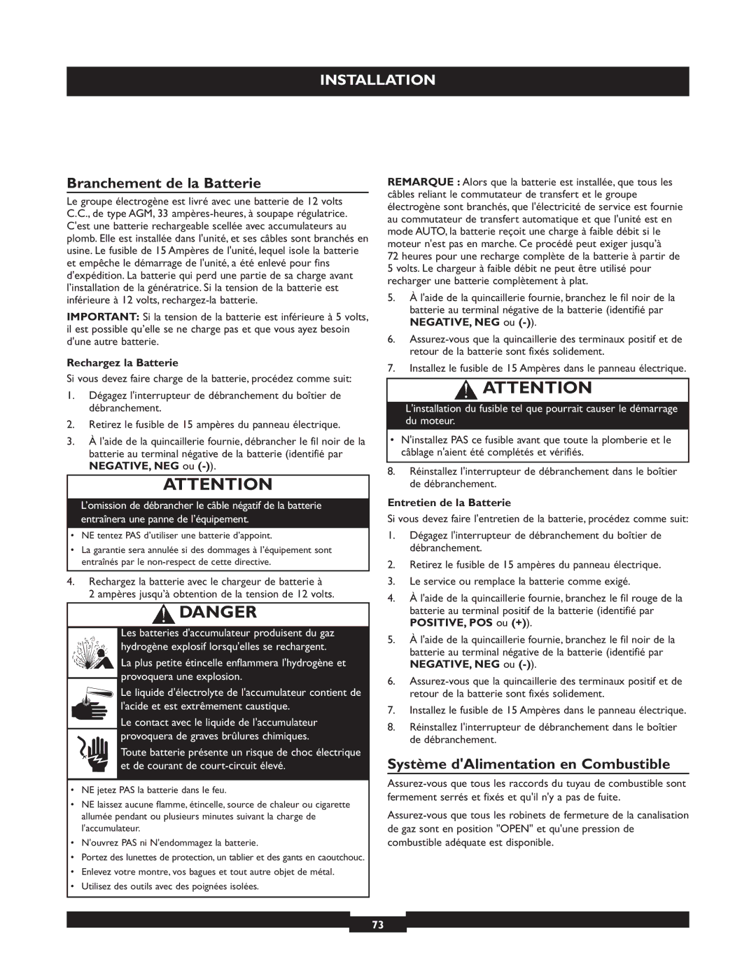 Briggs & Stratton 40221 manual Branchement de la Batterie, Système dAlimentation en Combustible, Rechargez la Batterie 