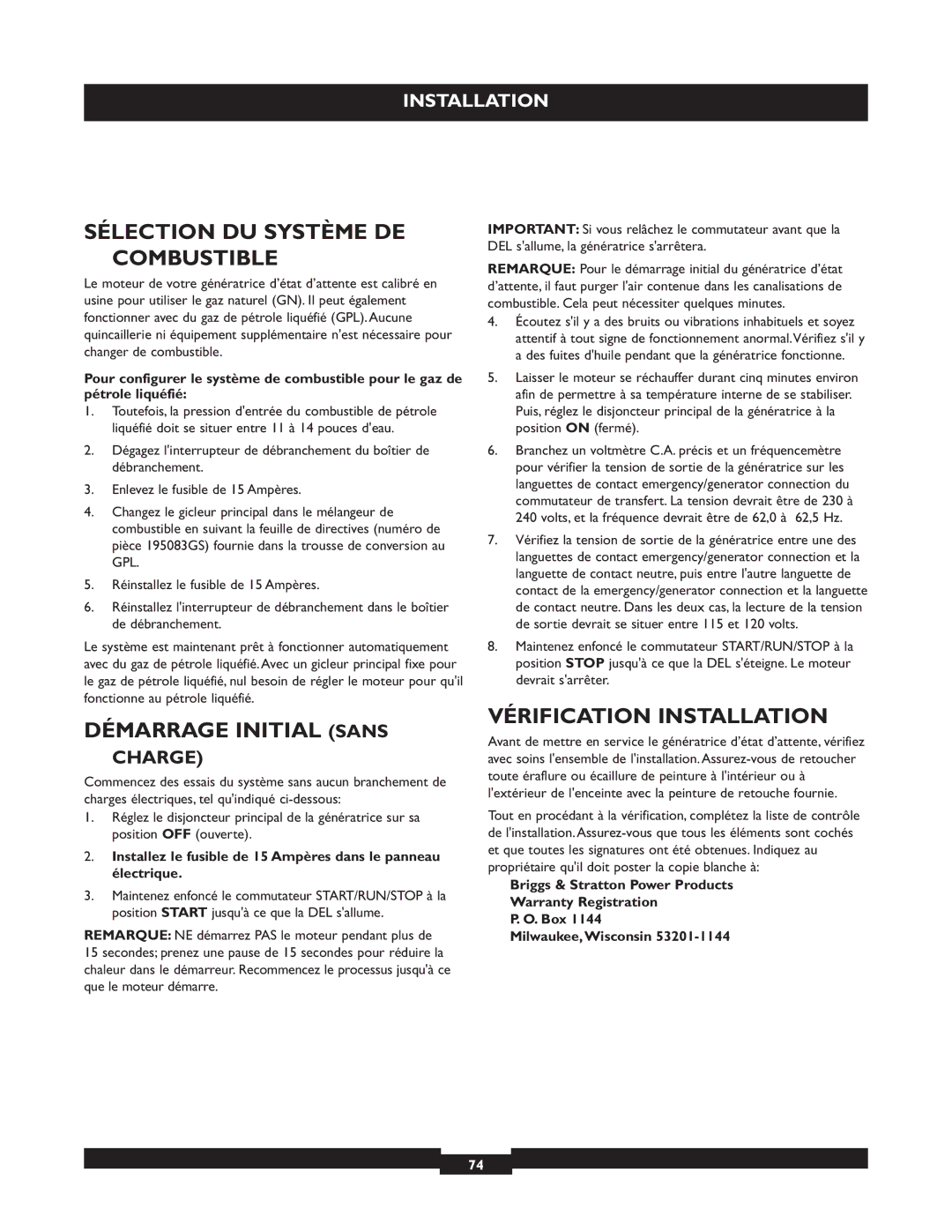 Briggs & Stratton 40221 manual Sélection DU Système DE Combustible, Démarrage Initial Sans, Vérification Installation 