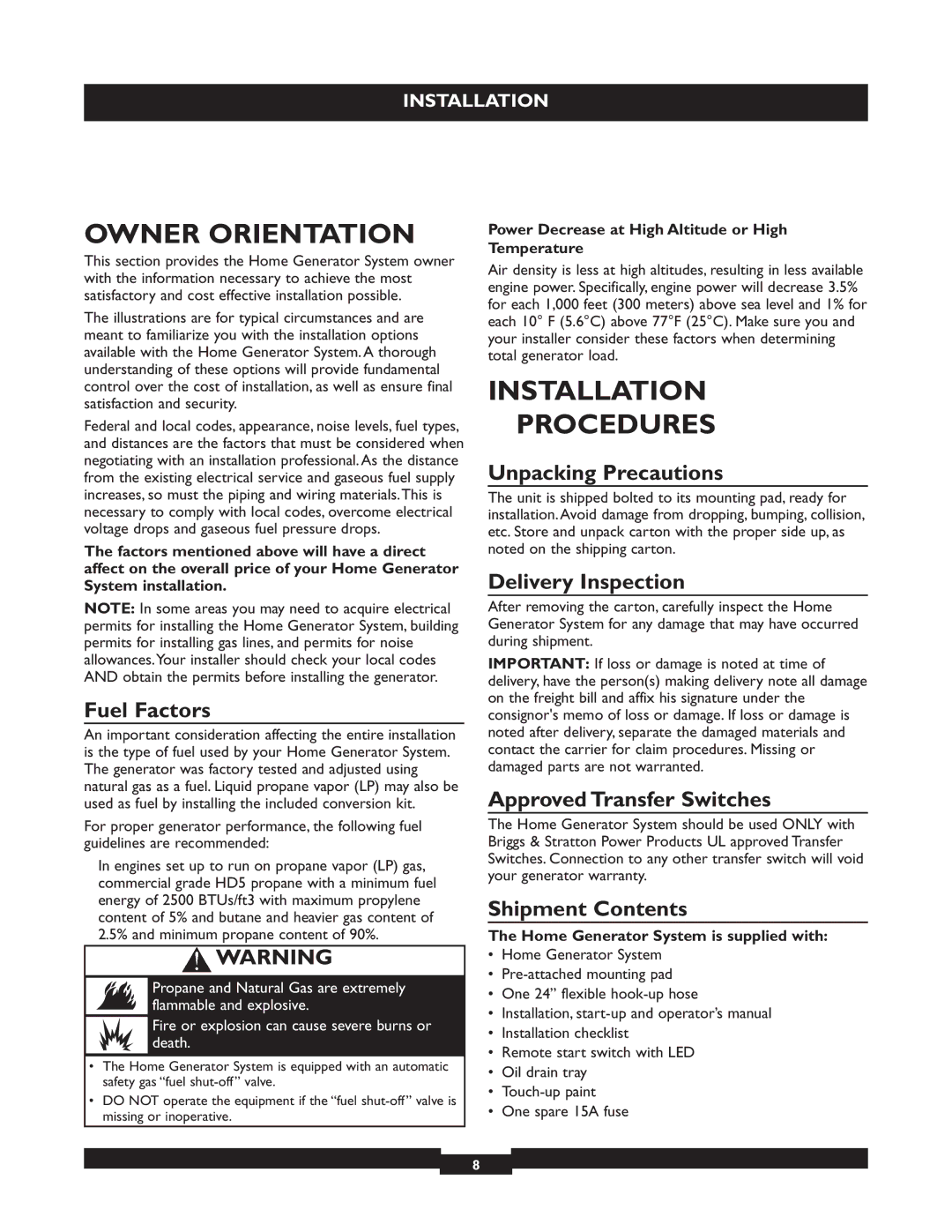 Briggs & Stratton 40221 manual Owner Orientation, Installation, Procedures 