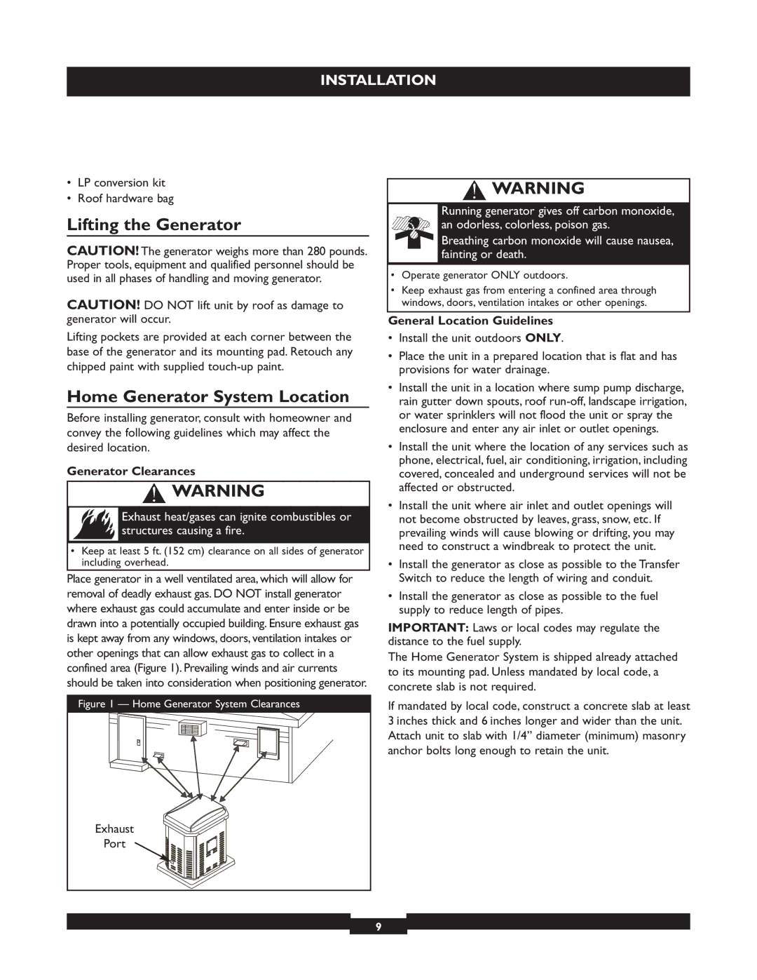 Briggs & Stratton 40221 manual Lifting the Generator, Home Generator System Location, Generator Clearances, Port 