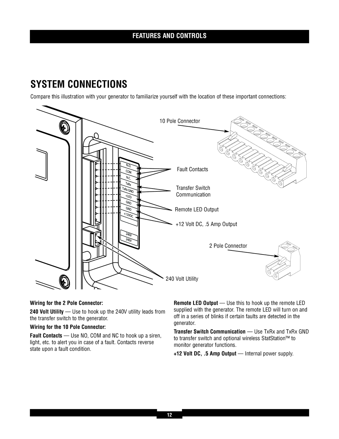 Briggs & Stratton 40210, 40229, 40213 System Connections, Wiring for the 2 Pole Connector, Wiring for the 10 Pole Connector 