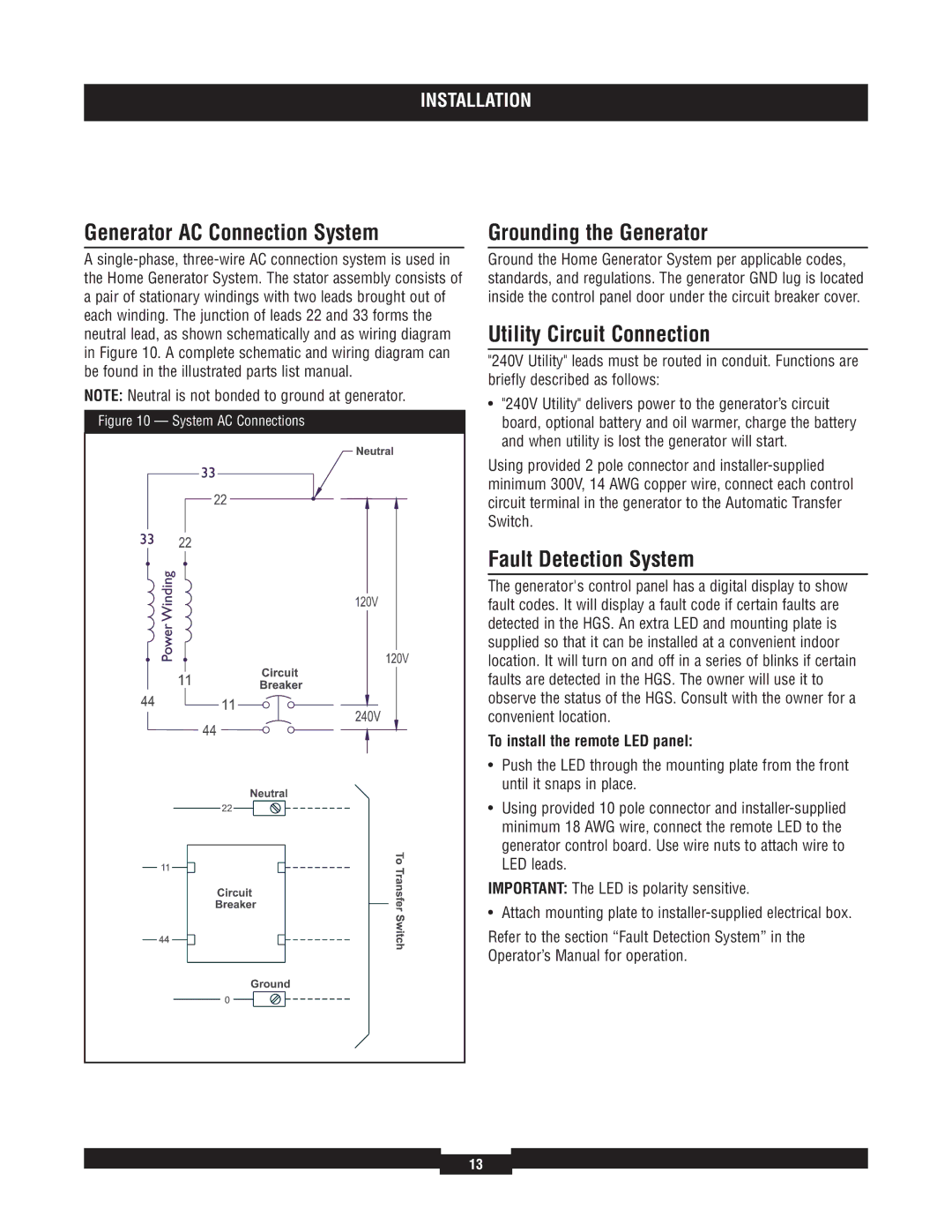 Briggs & Stratton 40234, 40229, 40213 Generator AC Connection System, Grounding the Generator, Utility Circuit Connection 