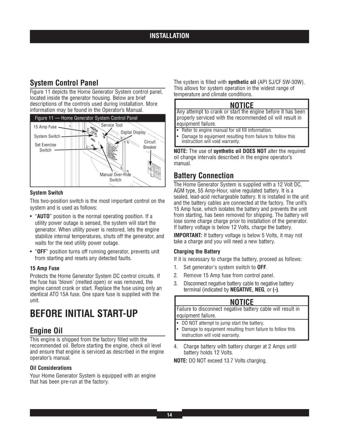 Briggs & Stratton 40204, 40229, 40213, 40210 Before Initial START-UP, System Control Panel, Battery Connection, Engine Oil 