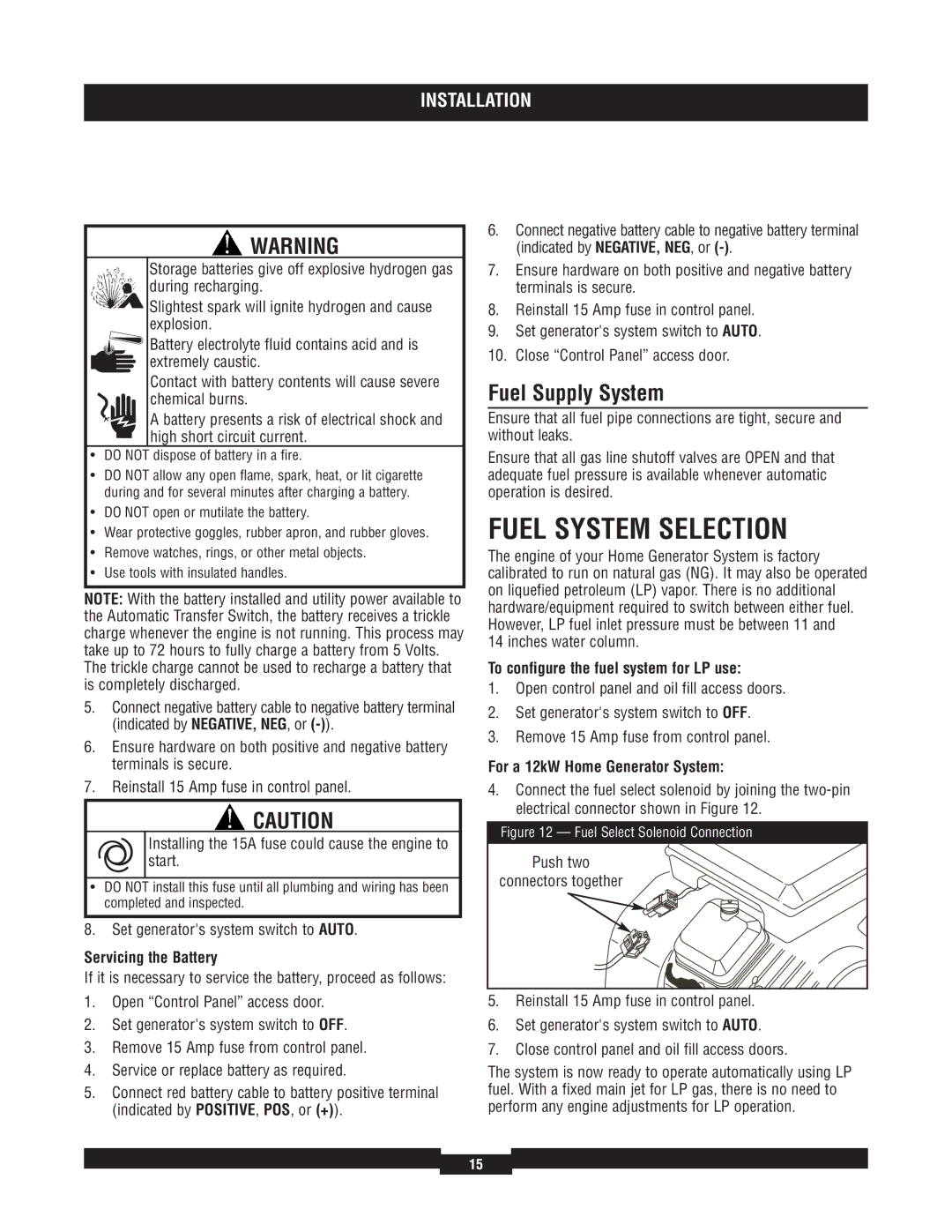 Briggs & Stratton 40229 Fuel System Selection, Fuel Supply System, Servicing the Battery, For a 12kW Home Generator System 