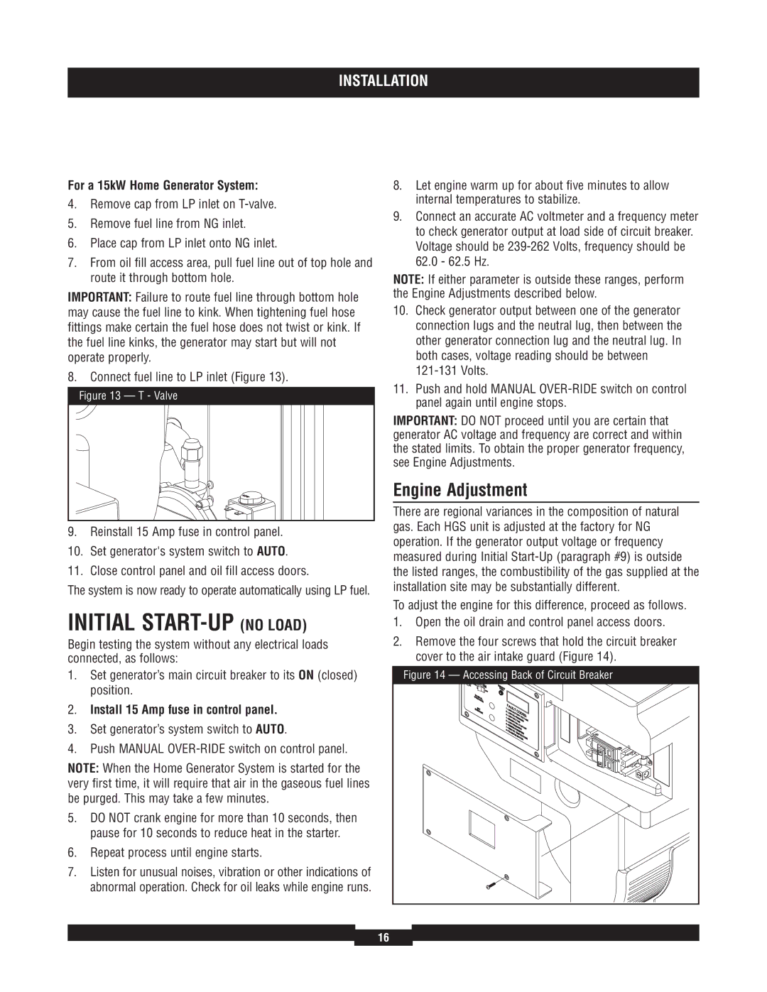 Briggs & Stratton 40213, 40229, 40210, 40234 Initial START-UP no Load, Engine Adjustment, For a 15kW Home Generator System 