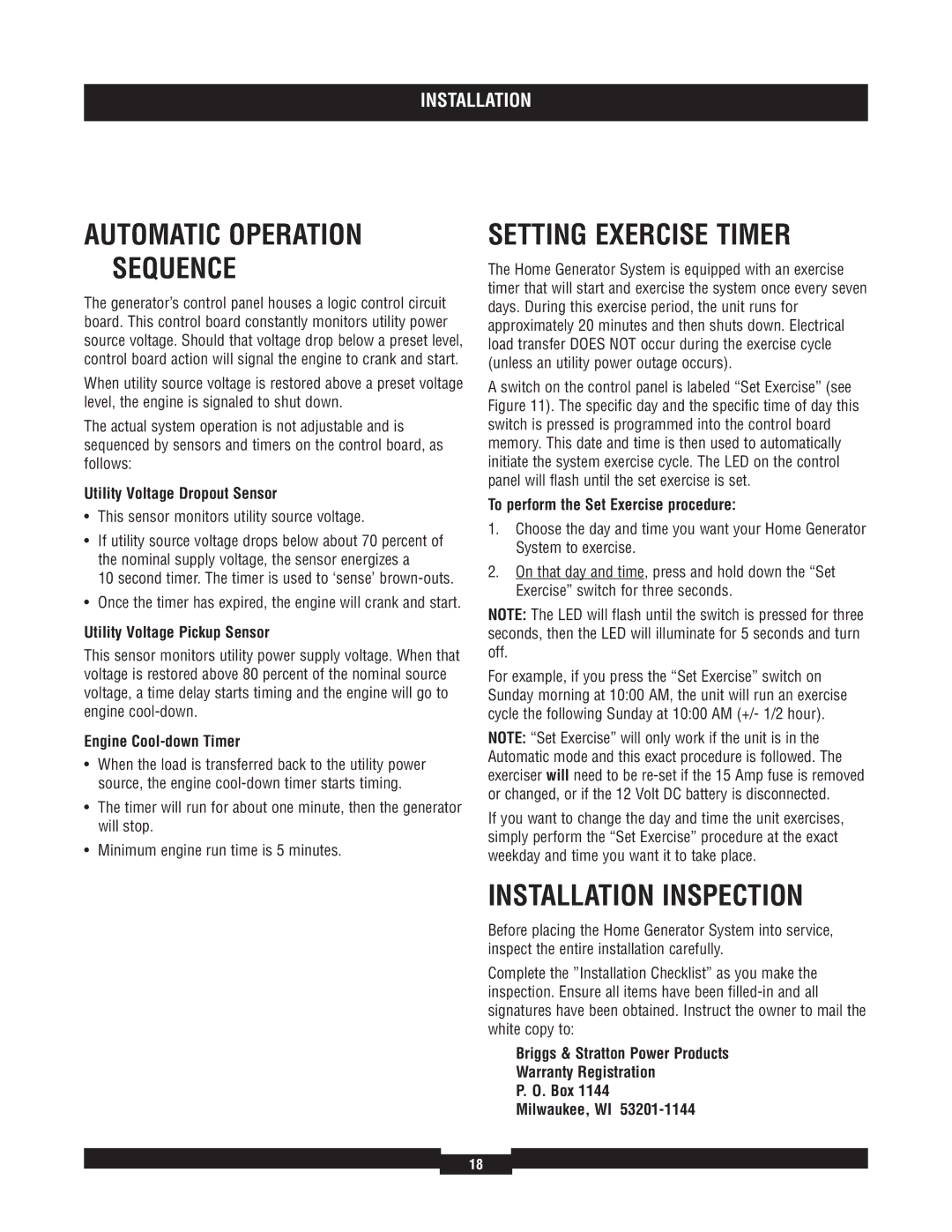 Briggs & Stratton 40234, 40229, 40213, 40210 Automatic Operation Sequence, Setting Exercise Timer, Installation Inspection 