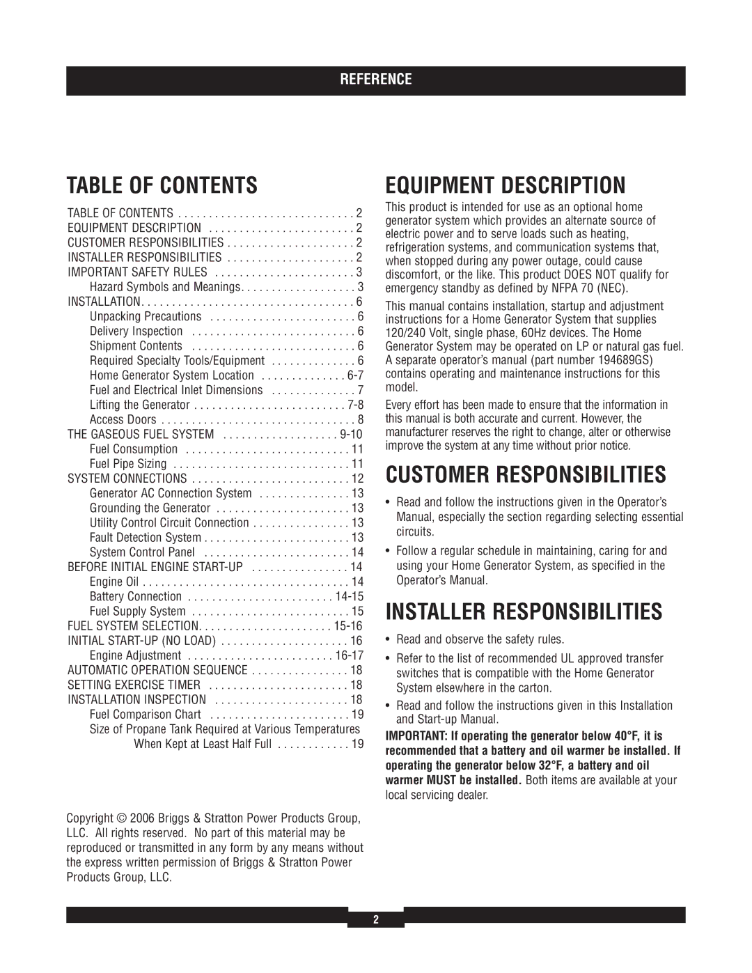 Briggs & Stratton 40210 Table of Contents, Equipment Description, Customer Responsibilities, Installer Responsibilities 