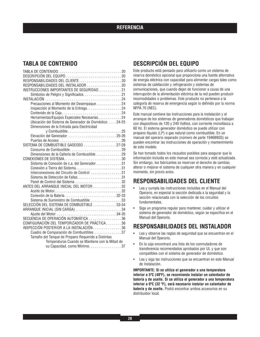 Briggs & Stratton 40229, 40213, 40210, 40234, 40204 Tabla DE Contenido, Descripción DEL Equipo, Responsabilidades DEL Cliente 