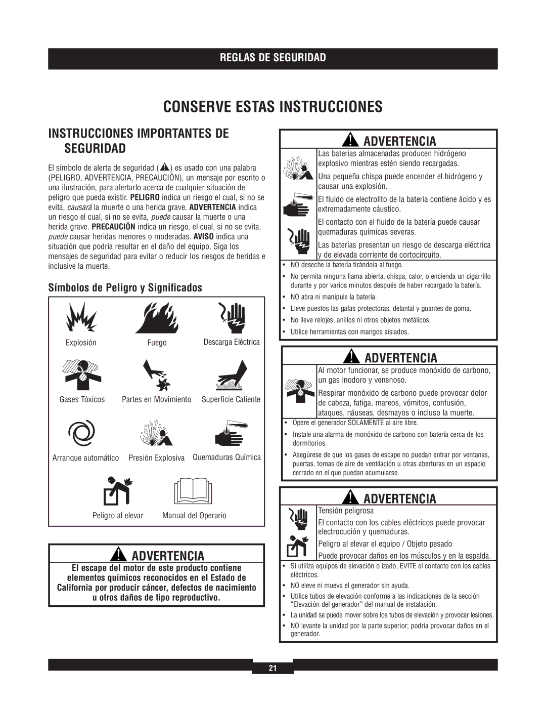 Briggs & Stratton 40213 Advertencia, Símbolos de Peligro y Significados, Explosión, Gases Tóxicos, Manual del Operario 