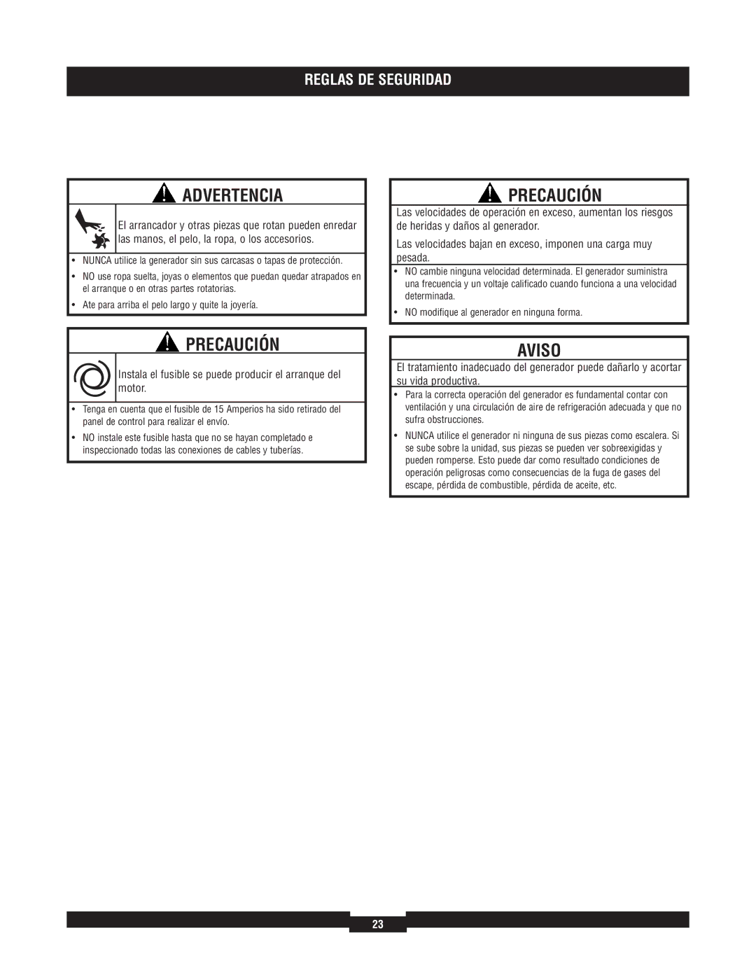 Briggs & Stratton 40234, 40229, 40213, 40210 Precaución, Aviso, Instala el fusible se puede producir el arranque del motor 