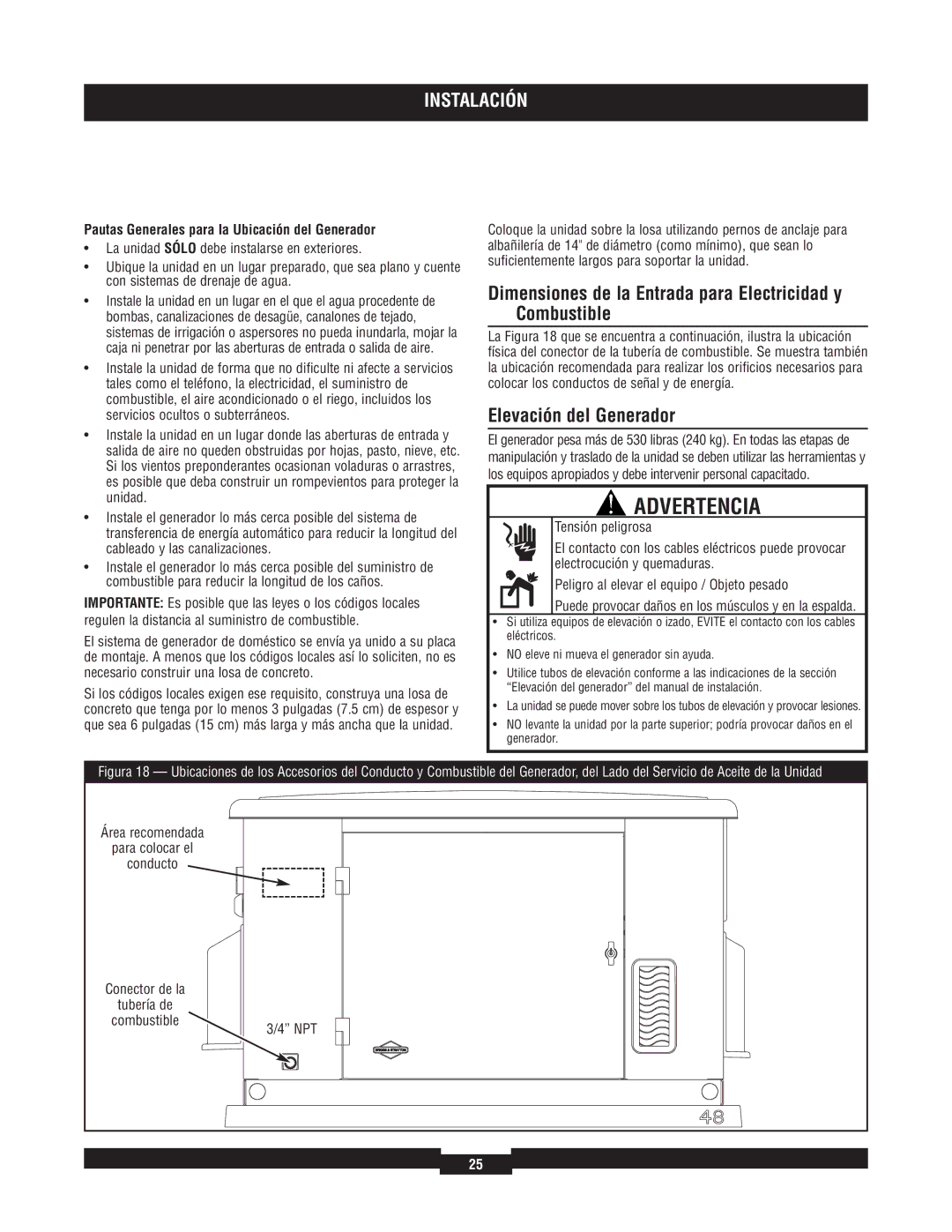 Briggs & Stratton 40229, 40213, 40210 Dimensiones de la Entrada para Electricidad y Combustible, Elevación del Generador 