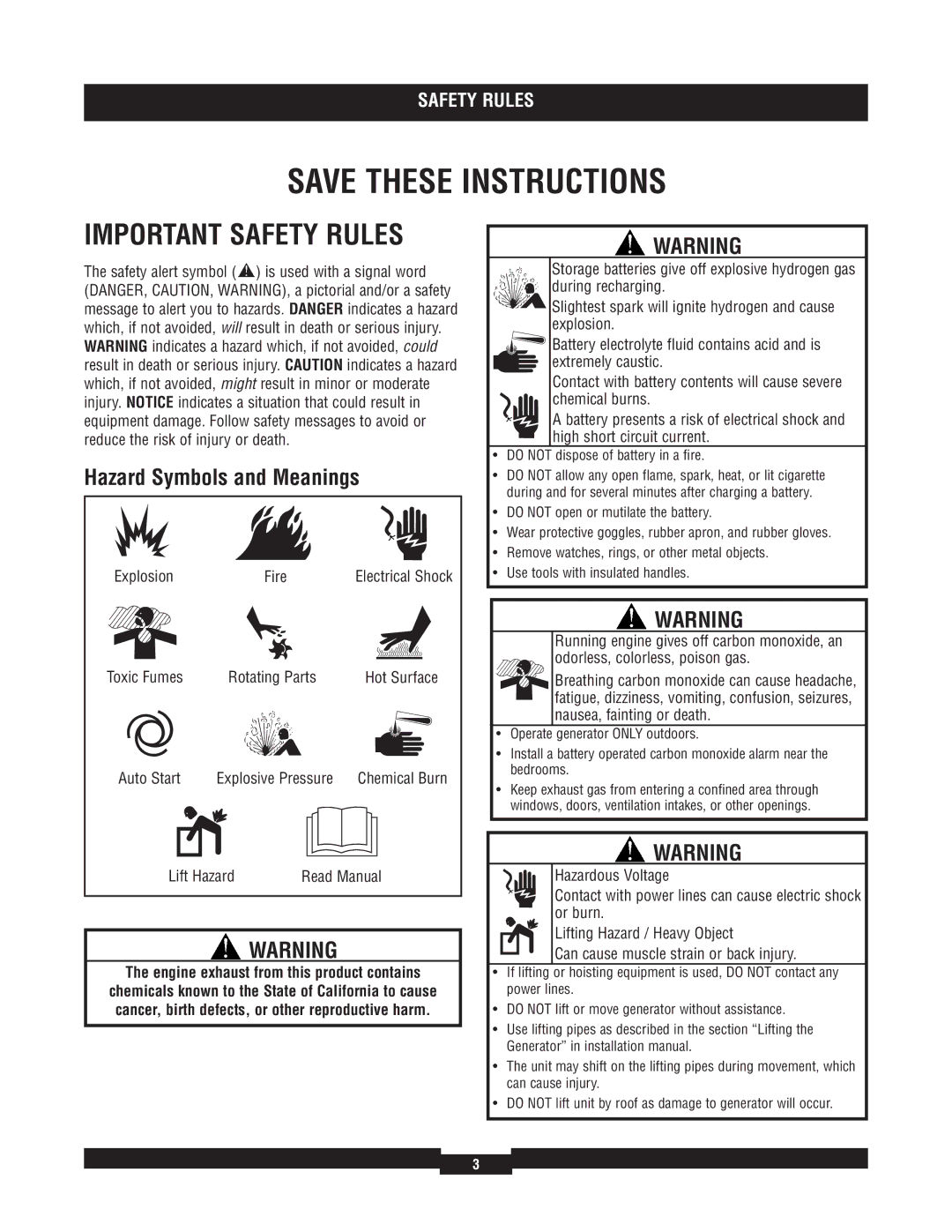 Briggs & Stratton 40234 Important Safety Rules, Hazard Symbols and Meanings, Engine exhaust from this product contains 