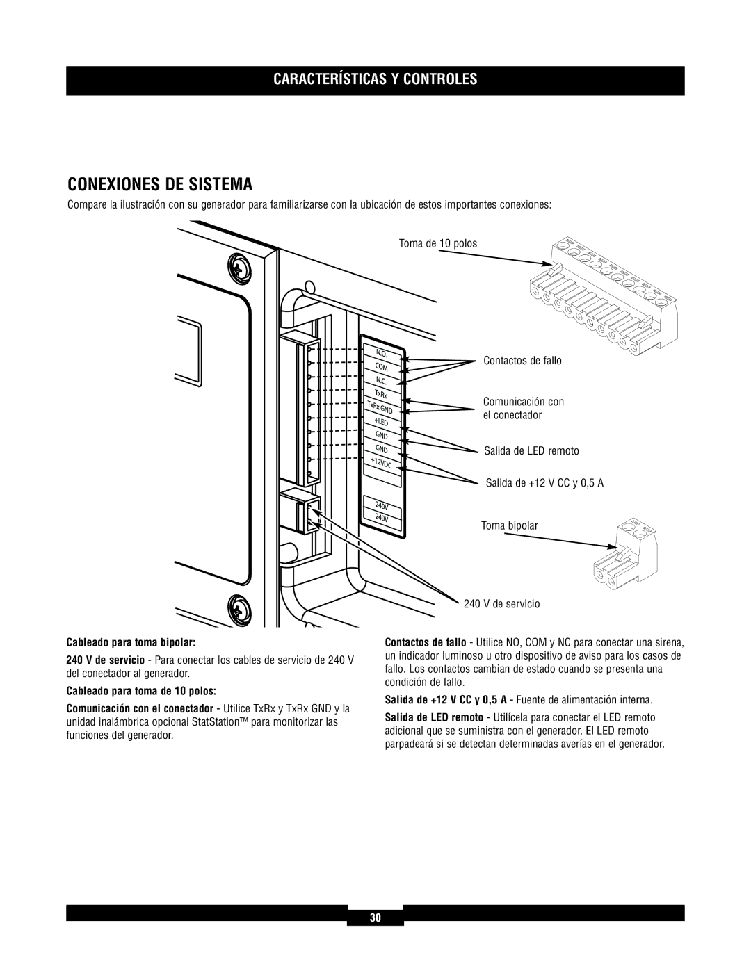 Briggs & Stratton 40229, 40213 manual Conexiones DE Sistema, Cableado para toma bipolar, Toma de 10 polos Contactos de fallo 