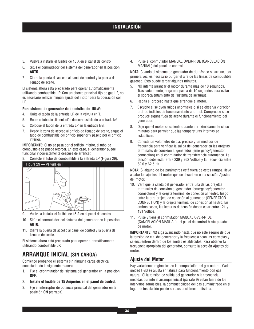 Briggs & Stratton 40204 manual Arranque Inicial SIN Carga, Ajuste del Motor, Para sistema de generador de doméstico de 15kW 