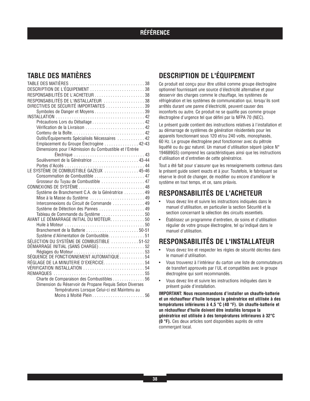 Briggs & Stratton 40234, 40229, 40213, 40210 Table DES Matières, Description DE Léquipement, Responsabilités DE Lacheteur 