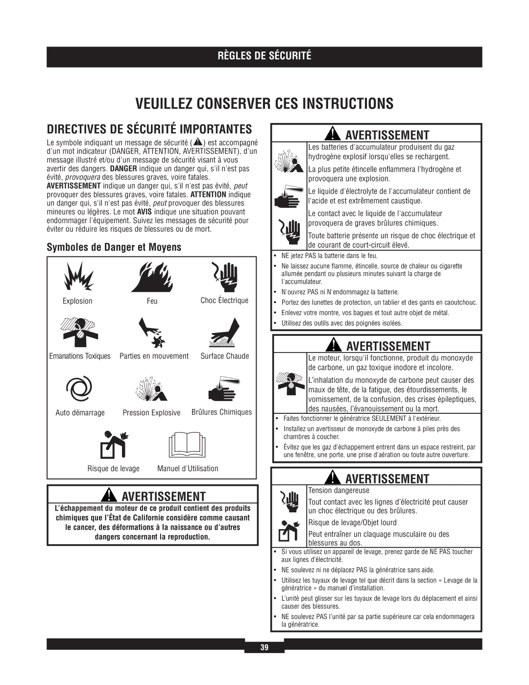 Briggs & Stratton 40204, 40229, 40213, 40210 Avertissement, Symboles de Danger et Moyens, Explosion, Manuel dUtilisation 