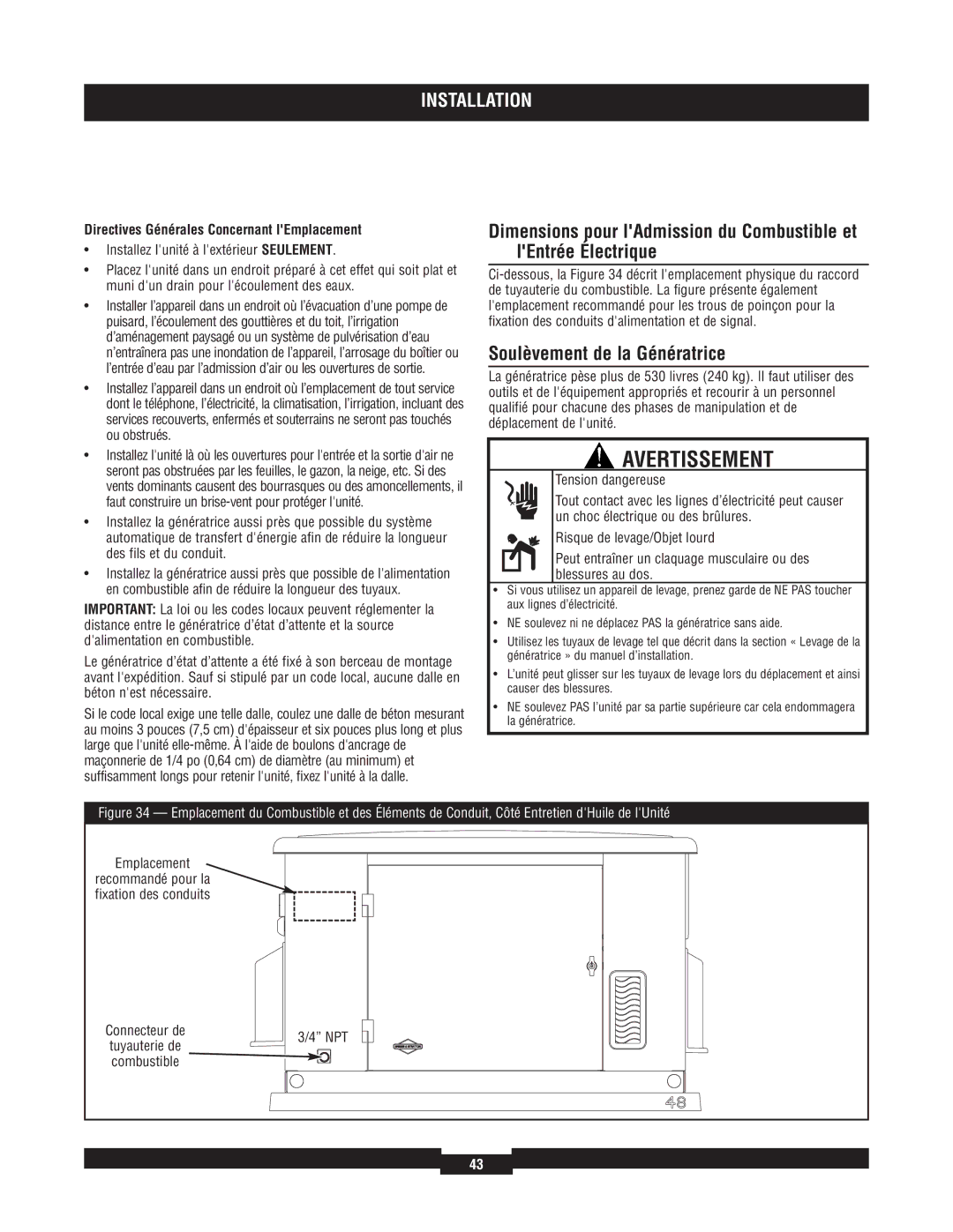 Briggs & Stratton 40234, 40229, 40213, 40210 Soulèvement de la Génératrice, Directives Générales Concernant lEmplacement 