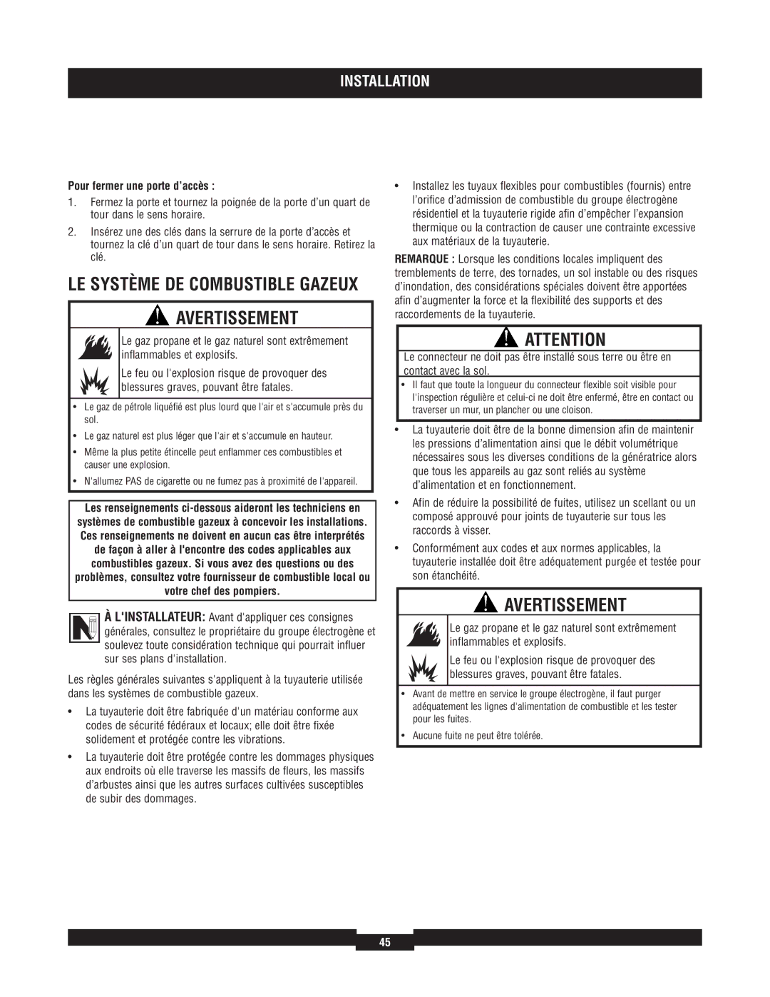 Briggs & Stratton 40229, 40213, 40210, 40234, 40204 manual Pour fermer une porte d’accès 