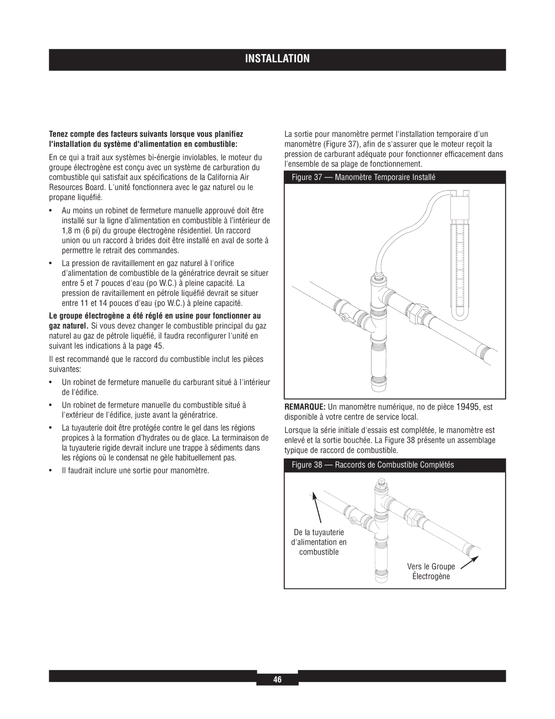 Briggs & Stratton 40213, 40229, 40210, 40234 Il faudrait inclure une sortie pour manomètre, Manomètre Temporaire Installé 