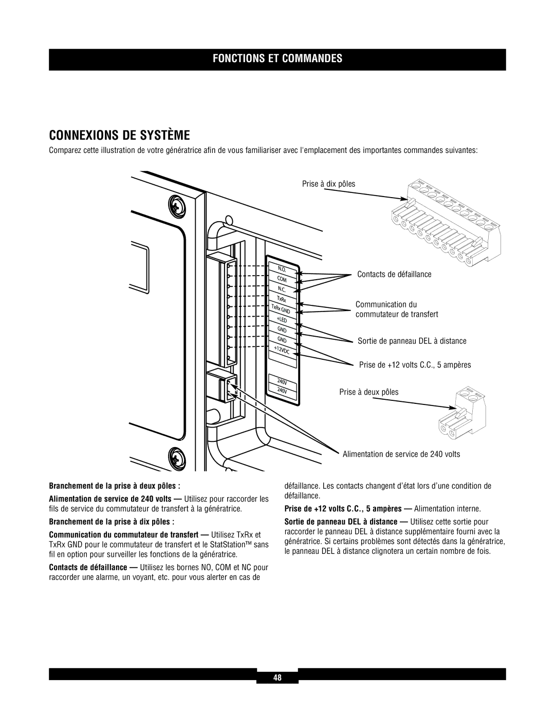 Briggs & Stratton 40234 Connexions DE Système, Branchement de la prise à deux pôles, Branchement de la prise à dix pôles 