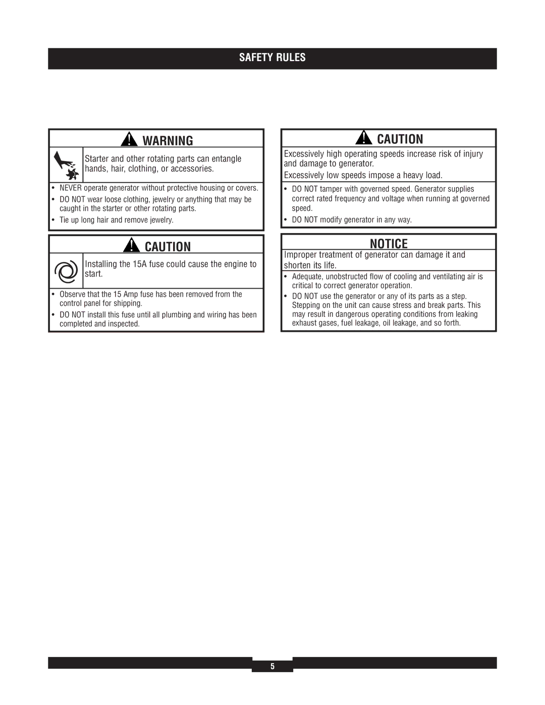 Briggs & Stratton 40229, 40213, 40210, 40234, 40204 manual Installing the 15A fuse could cause the engine to start 