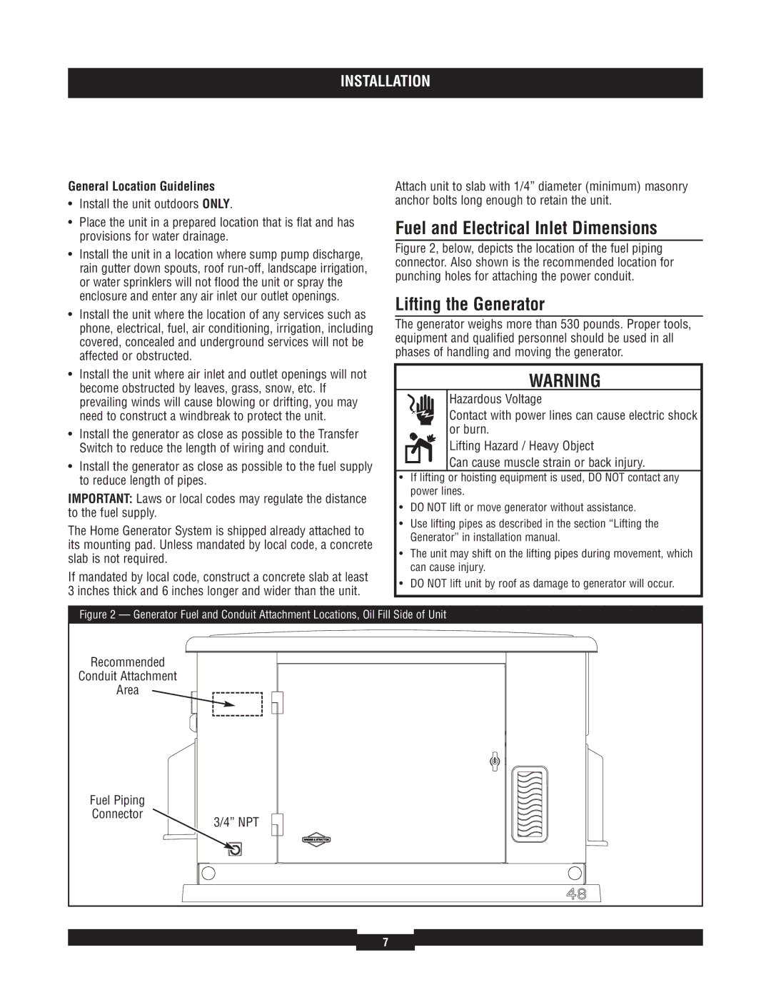Briggs & Stratton 40210 Fuel and Electrical Inlet Dimensions, Lifting the Generator, General Location Guidelines, Npt 