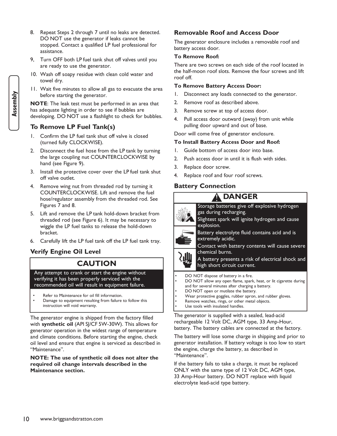 Briggs & Stratton 40248 To Remove LP Fuel Tanks, Verify Engine Oil Level, Removable Roof and Access Door 