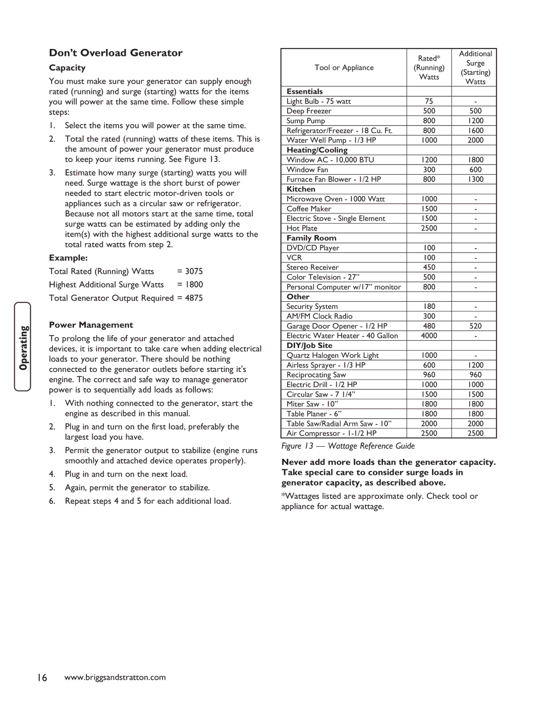 Briggs & Stratton 40248 manuel dutilisation Don’t Overload Generator, Capacity, Example, Power Management 