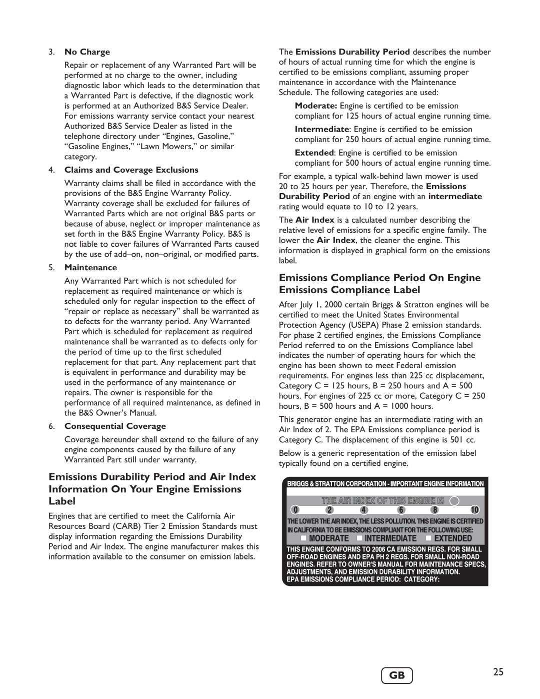 Briggs & Stratton 40248 manuel dutilisation No Charge, Claims and Coverage Exclusions, Maintenance Consequential Coverage 