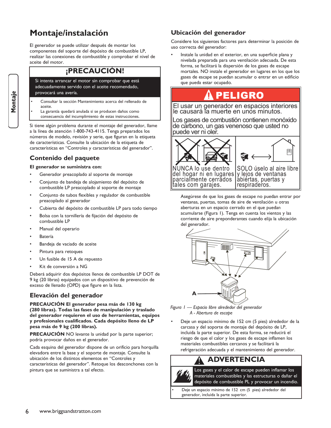 Briggs & Stratton 40248 Montaje/instalación, Contenido del paquete, Elevación del generador, Ubicación del generador 