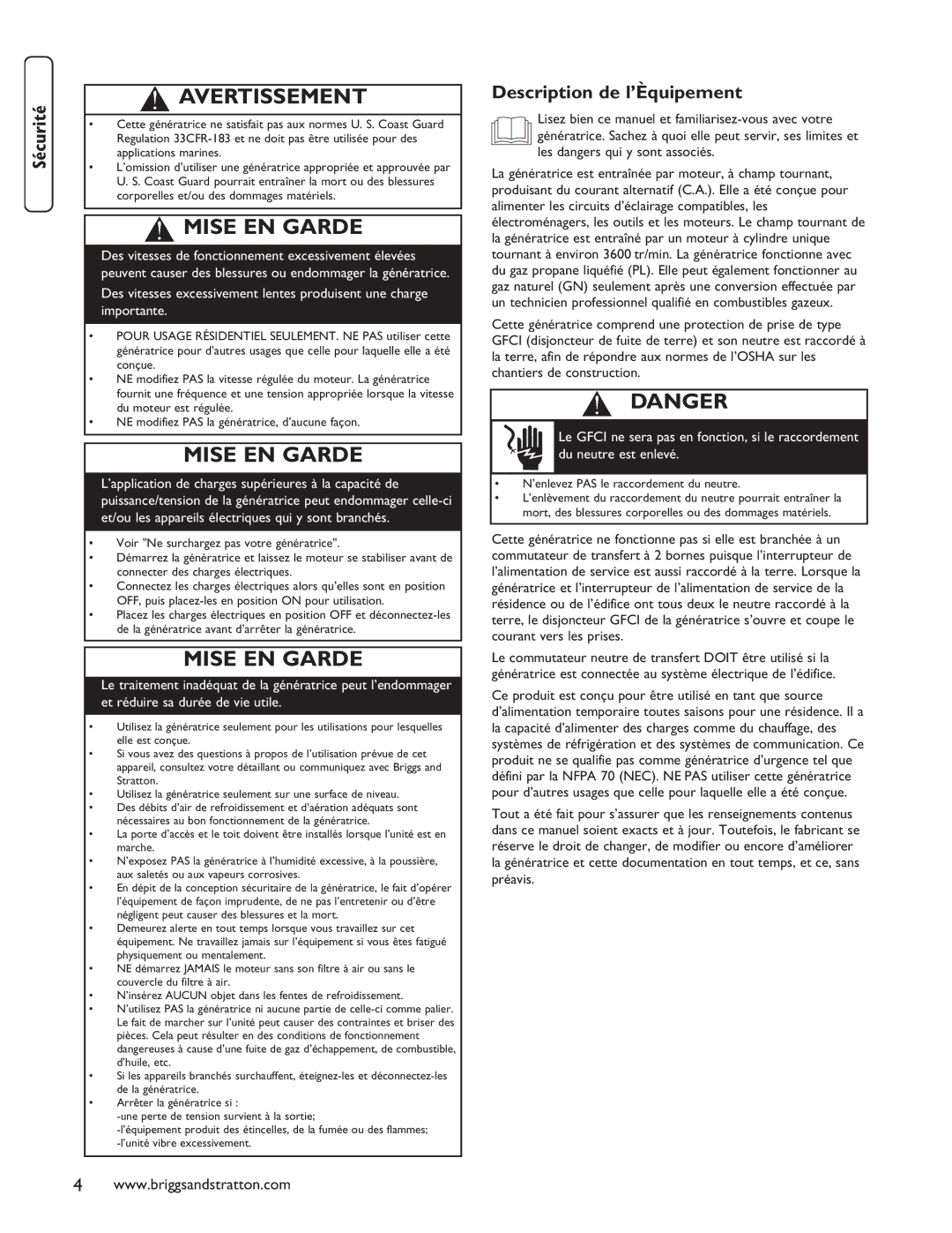 Briggs & Stratton 40248 manuel dutilisation Mise EN Garde, Description de l’Èquipement 