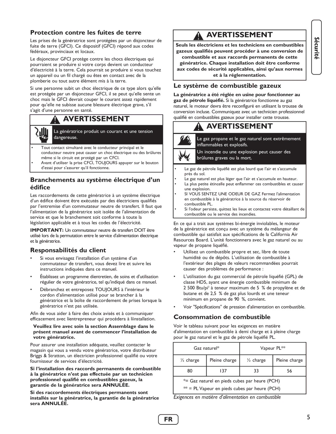 Briggs & Stratton 40248 Protection contre les fuites de terre, Branchements au système électrique d’un édifice 