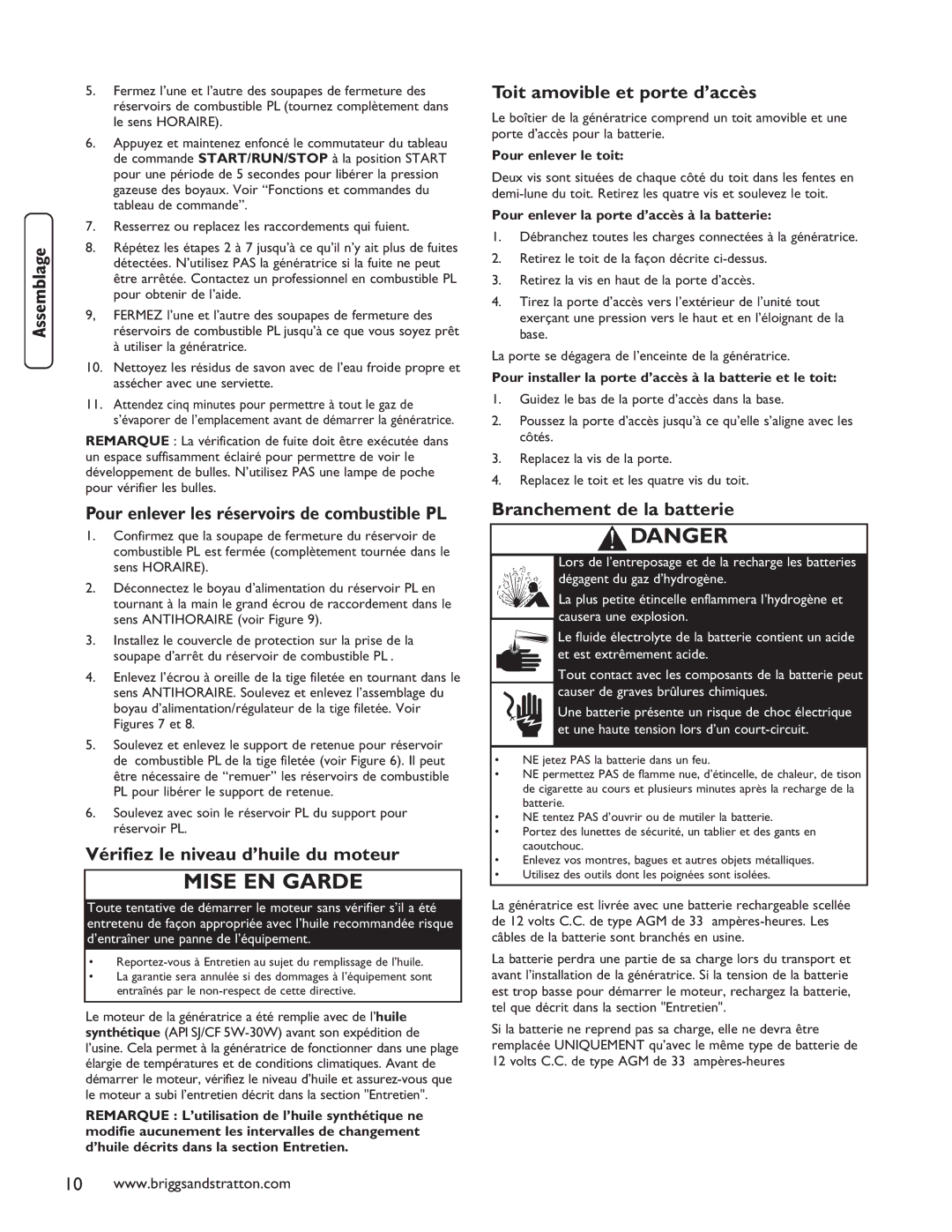 Briggs & Stratton 40248 Vérifiez le niveau d’huile du moteur, Toit amovible et porte d’accès, Branchement de la batterie 