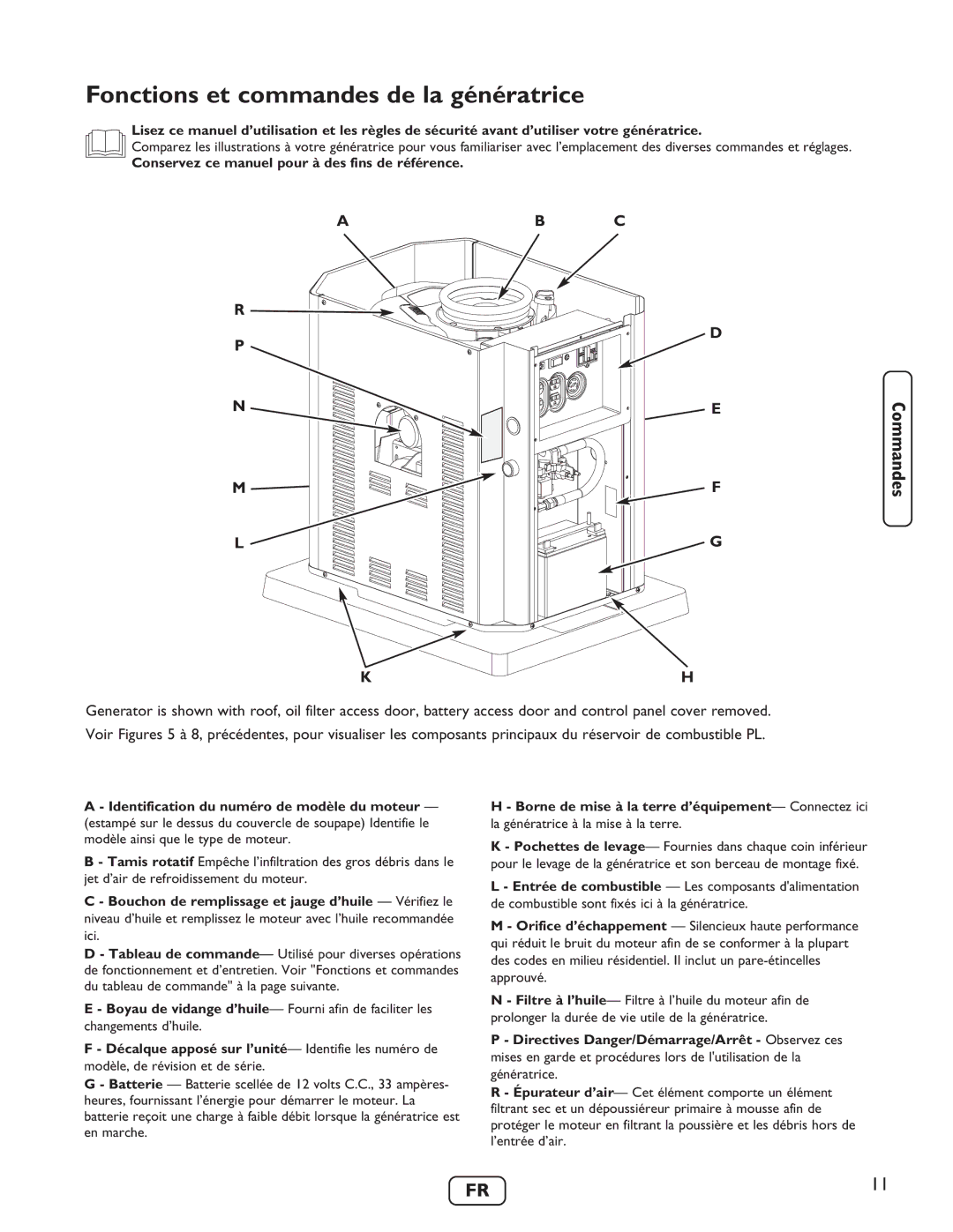 Briggs & Stratton 40248 Fonctions et commandes de la génératrice, Conservez ce manuel pour à des fins de référence 