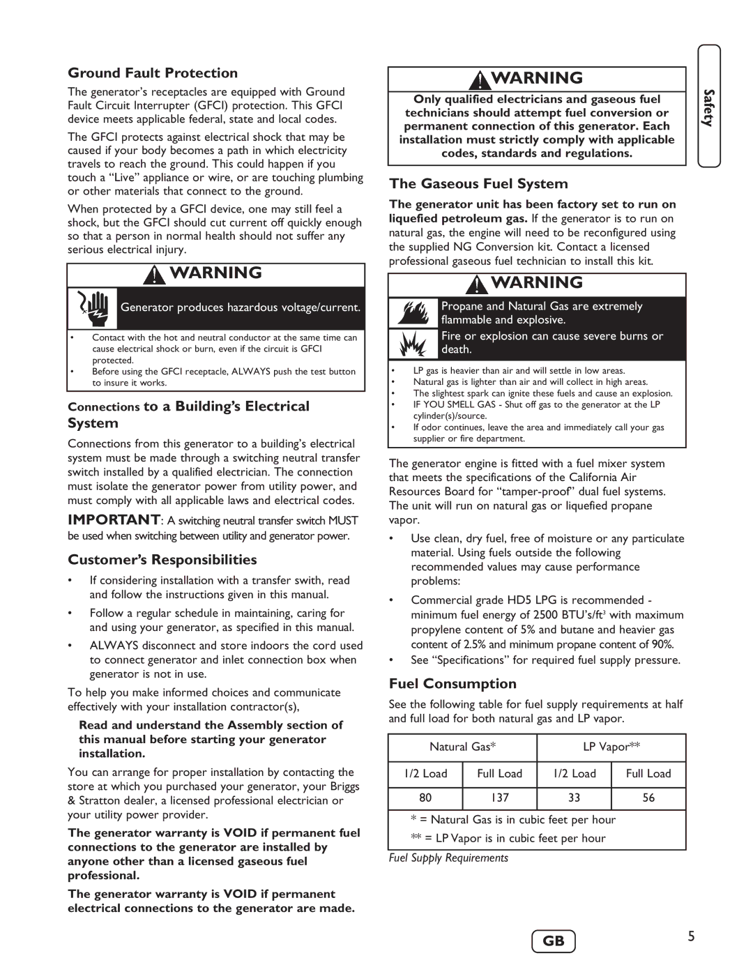 Briggs & Stratton 40248 Ground Fault Protection, Connections to a Building’s Electrical System, Gaseous Fuel System 