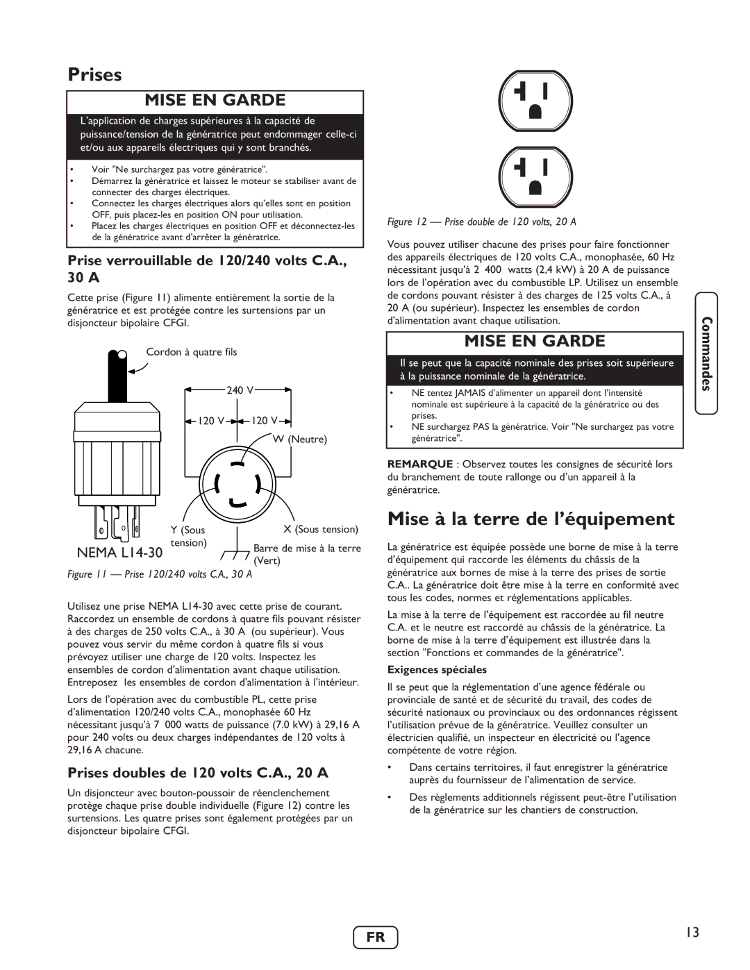 Briggs & Stratton 40248 Prises, Mise à la terre de l’équipement, Prise verrouillable de 120/240 volts C.A., 30 a 