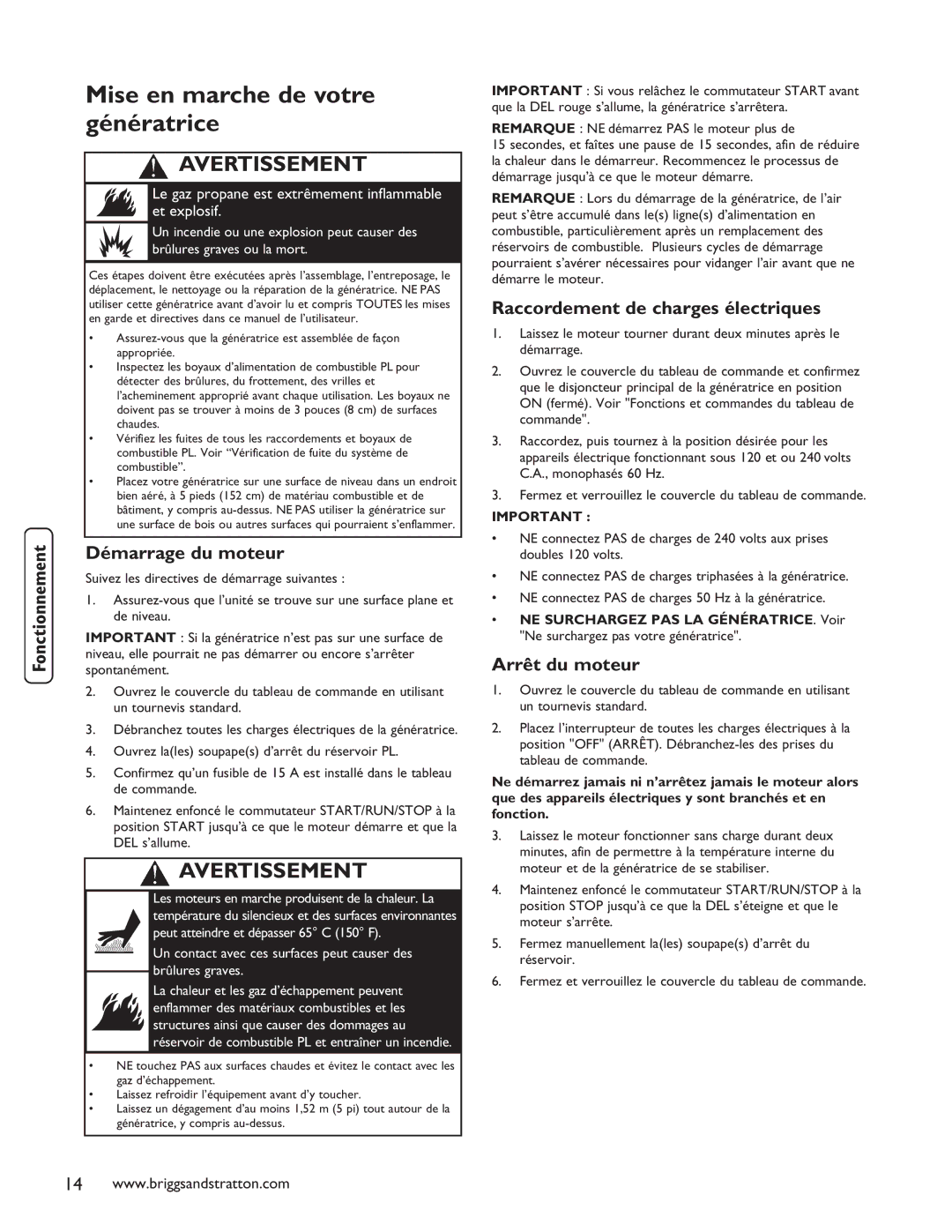 Briggs & Stratton 40248 Mise en marche de votre génératrice, Démarrage du moteur, Raccordement de charges électriques 