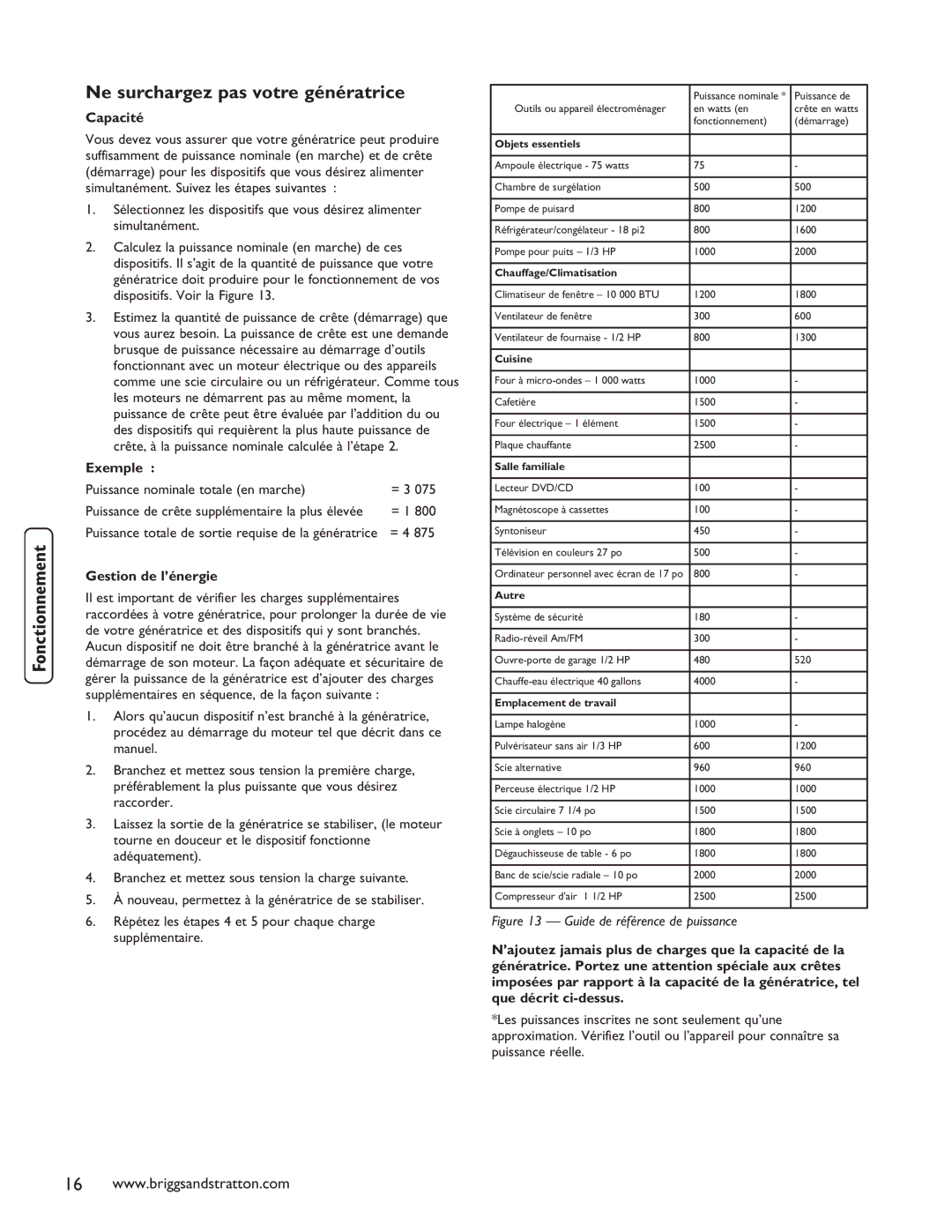 Briggs & Stratton 40248 manuel dutilisation Ne surchargez pas votre génératrice, Capacité, Exemple, Gestion de l’énergie 