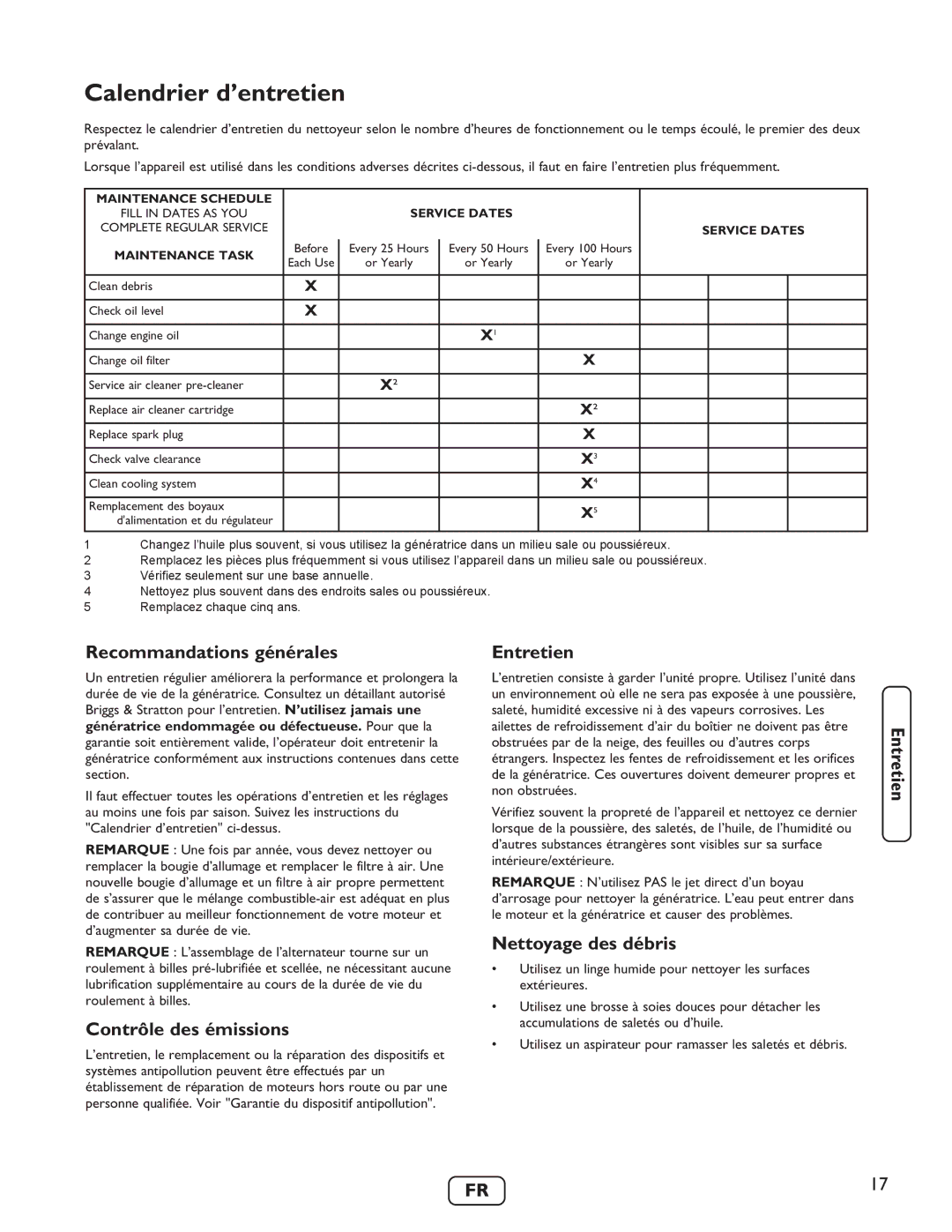 Briggs & Stratton 40248 Calendrier d’entretien, Recommandations générales, Contrôle des émissions, Entretien 