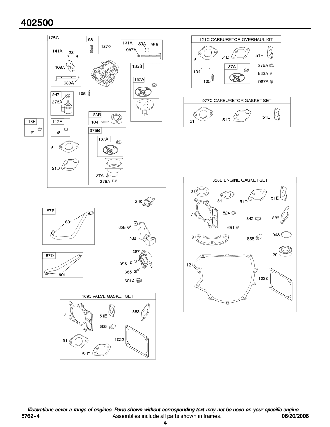 Briggs & Stratton 402500 service manual 121C Carburetor Overhaul KIT 