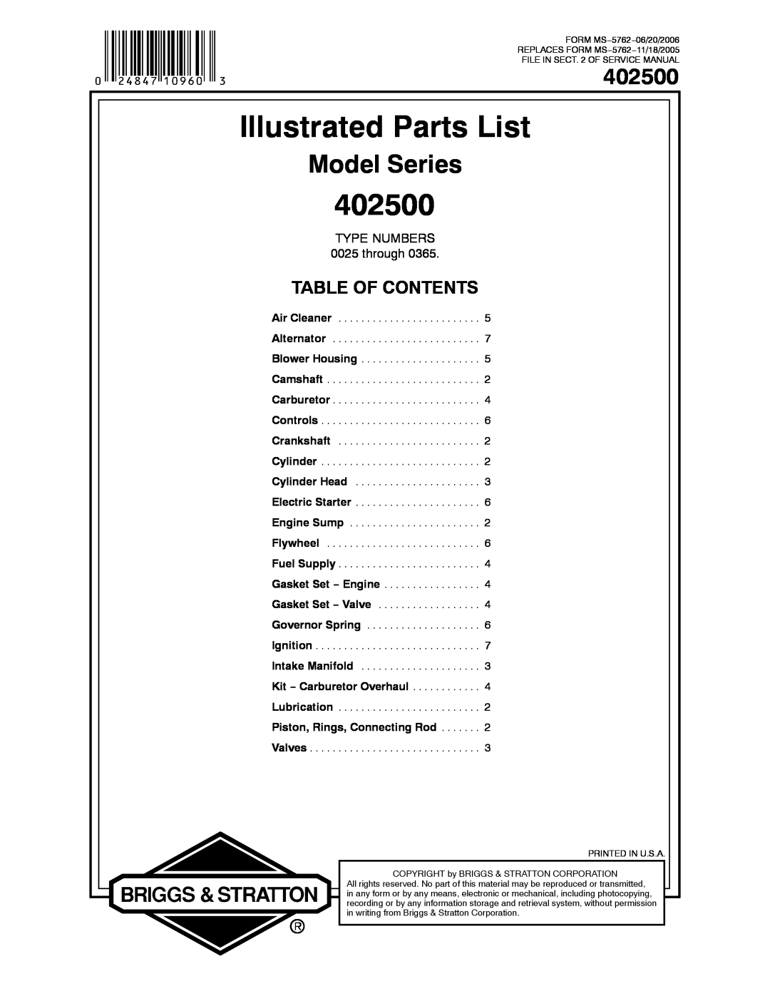 Briggs & Stratton 402500 service manual Illustrated Parts List, Model Series, Table Of Contents, TYPE NUMBERS 0025 through 