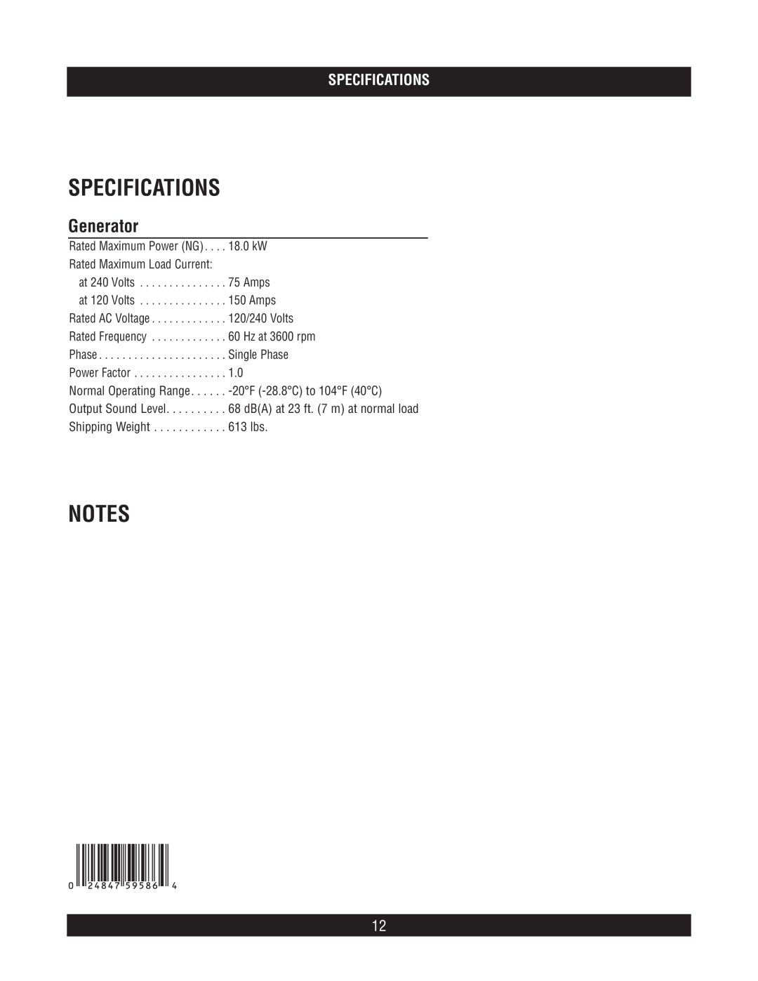 Briggs & Stratton 40266 manual Specifications, Generator 