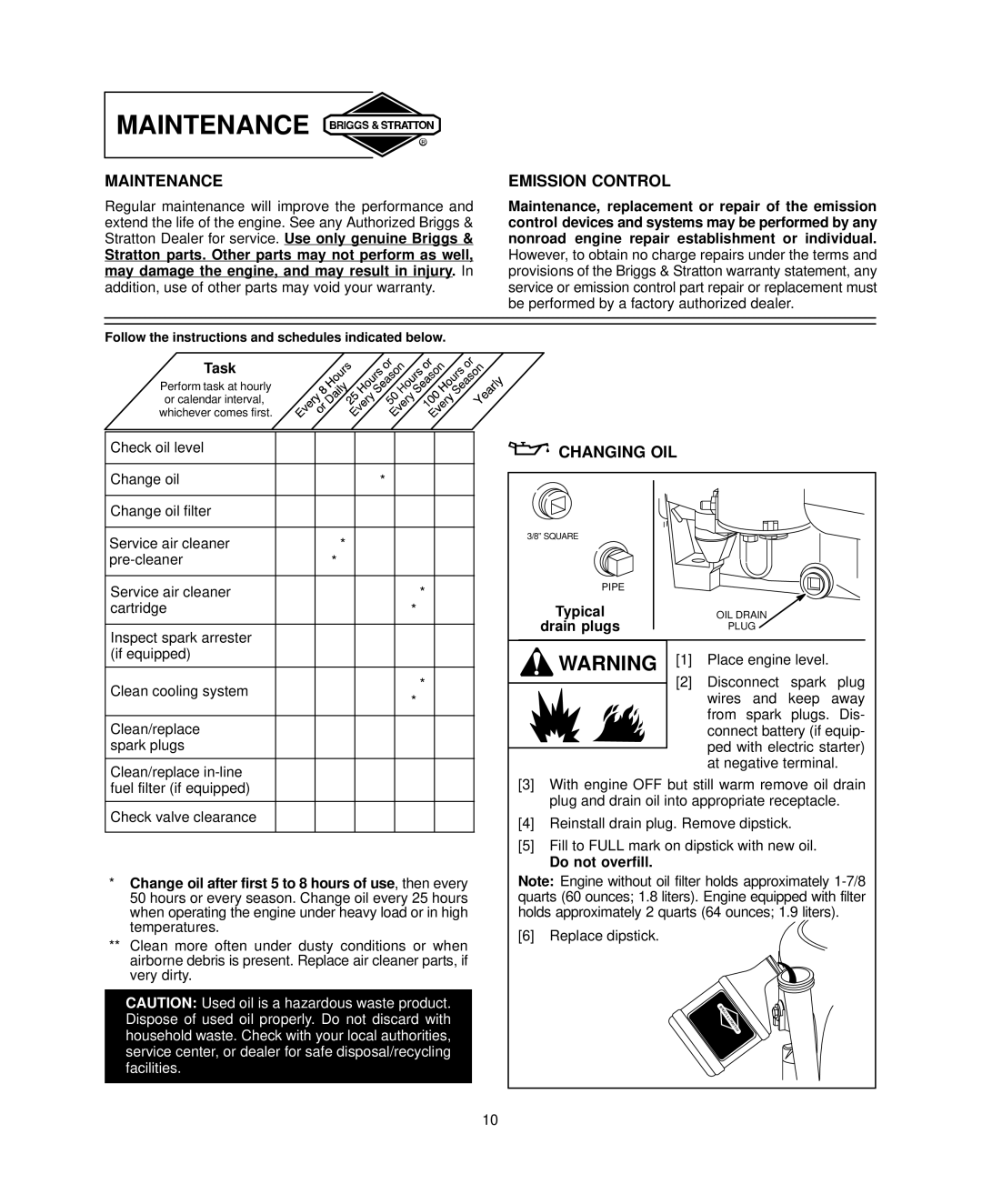 Briggs & Stratton 405700, 406700, 407700, 445700 warranty Maintenance, Emission Control, Changing OIL 