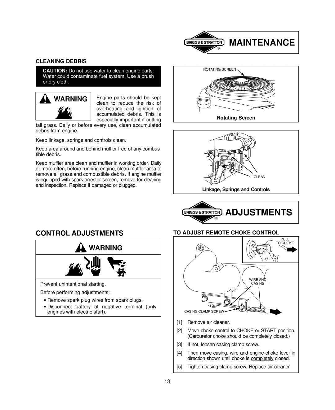 Briggs & Stratton 406700, 407700, 445700 warranty Control Adjustments, Cleaning Debris, To Adjust Remote Choke Control 