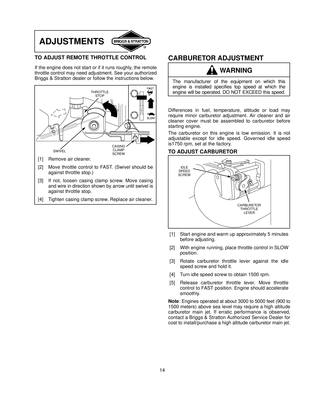 Briggs & Stratton 445700, 407700, 406700 Carburetor Adjustment, To Adjust Remote Throttle Control, To Adjust Carburetor 