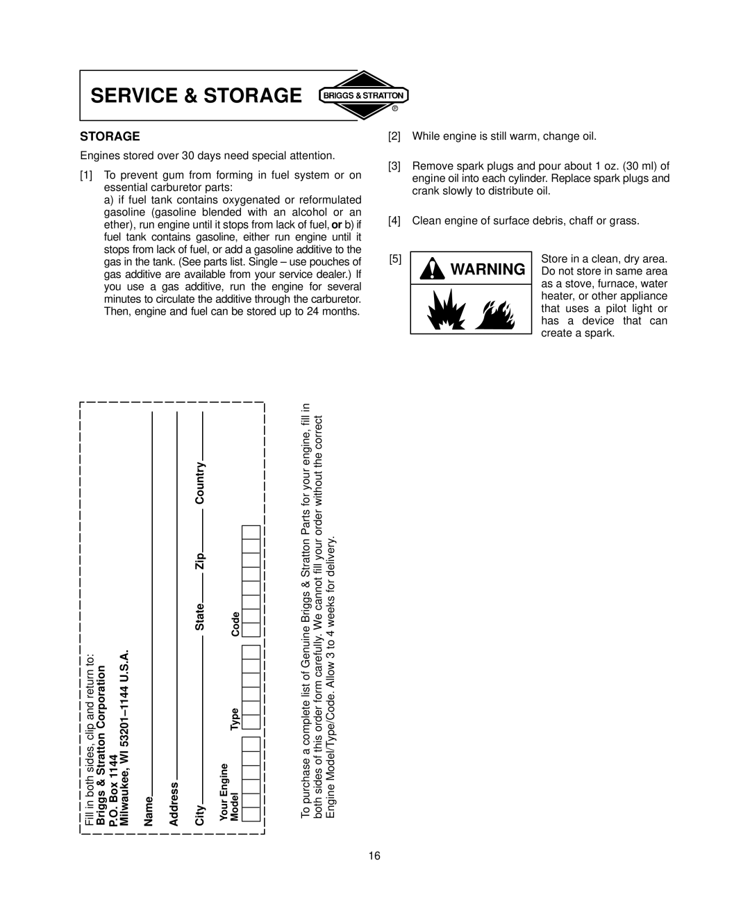 Briggs & Stratton 405700, 406700, 407700, 445700 warranty Storage, City 