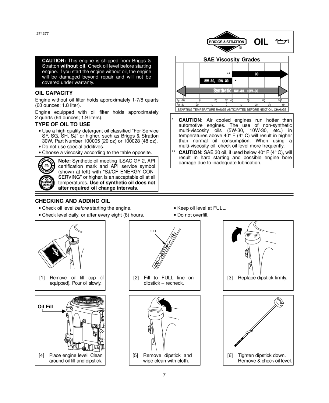 Briggs & Stratton 405700, 406700, 407700, 445700 OIL Capacity, Type of OIL to USE, Checking and Adding OIL, Oil Fill 