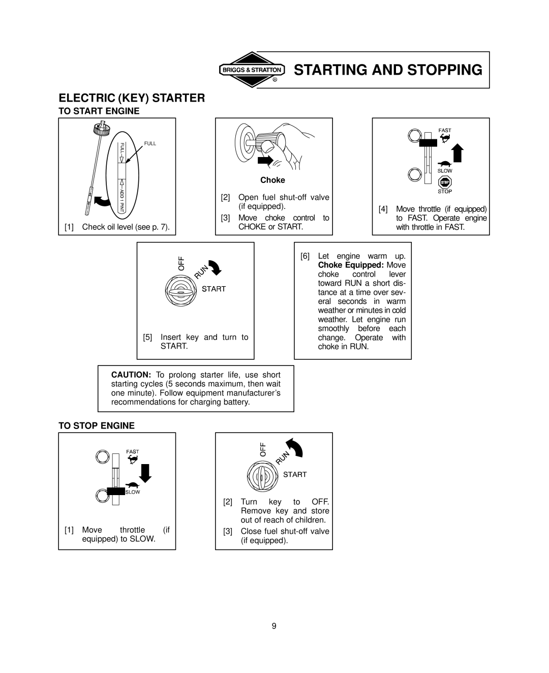 Briggs & Stratton 406700, 407700 Starting and Stopping, Electric KEY Starter, To Start Engine, To Stop Engine, Choke 